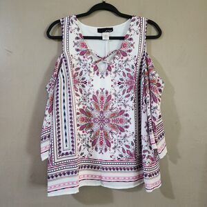 JNJ Womens Pullover Blouse Size S White Pink Cold Shoulder V-Neck Lined